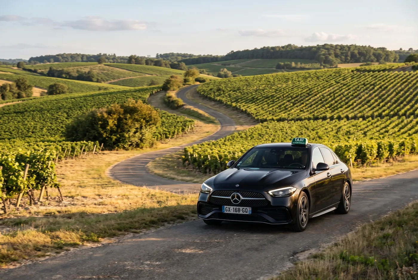 Le taxi de Michaël sur une route entre les vignes de Charente