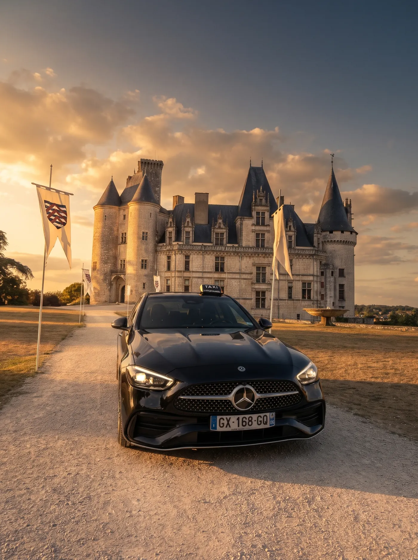 Le taxi de Michaël face au château de La Rochefoucauld au coucher du soleil